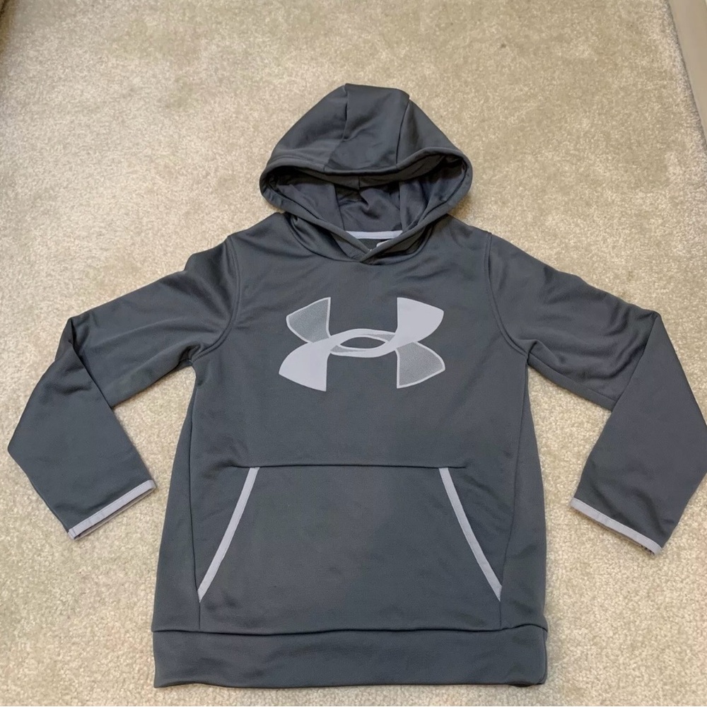 Under Armour Gray Fleece Hoodie Sweater Kids Youth Size YSM Logo Coldgear Loose